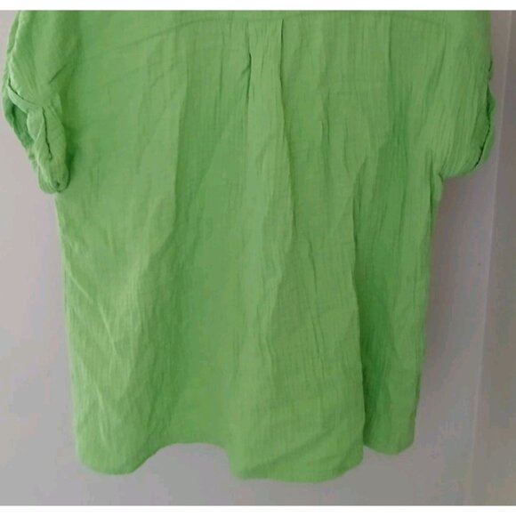 Belle Beach Kim Gravel Button Down Gauzy Shirt Size Large Green S/S Tie Front - Picture 9 of 9